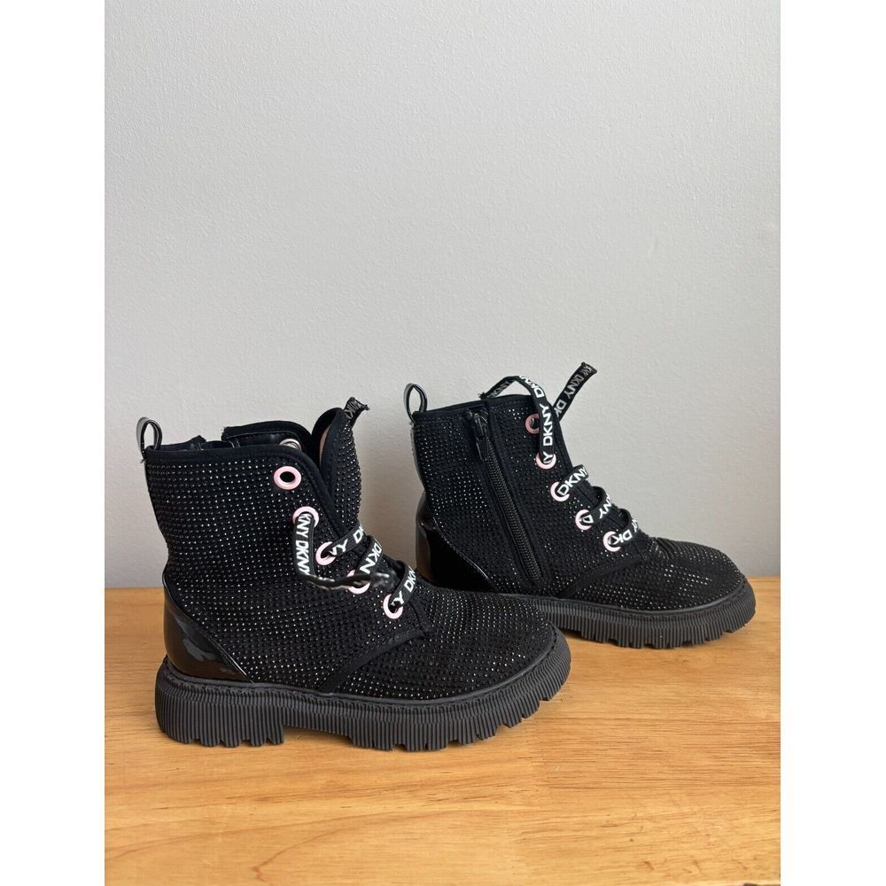 DKNY Girl’s Moto Rhinestone Boots Shoes Lace Up Black Size 12